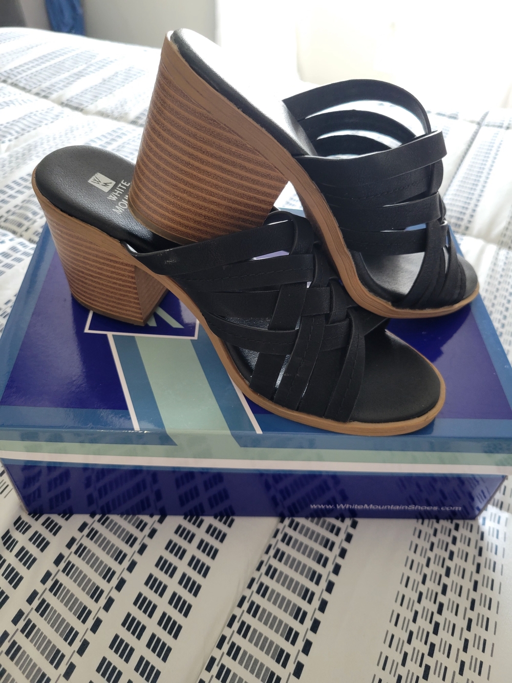 White Mountain Women's Black Strappy Block Heel Mules